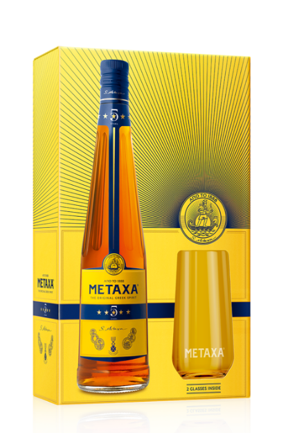 Pilt Metaxa 5* 38% 0,7L 2-Long Drink Klaasiga 