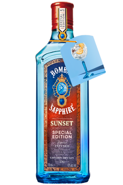 Pilt Bombay Sapphire Sunset 43% 0,7L kaelarääkijaga 